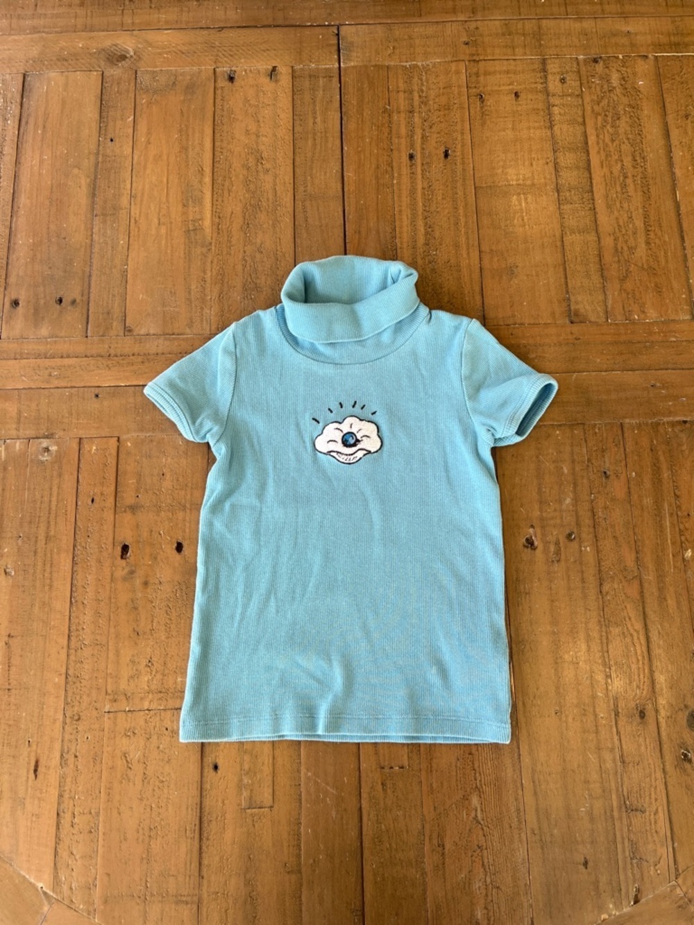Mini rodini blue ribbed short sleeve turtle neck pearl applique 3-5 years